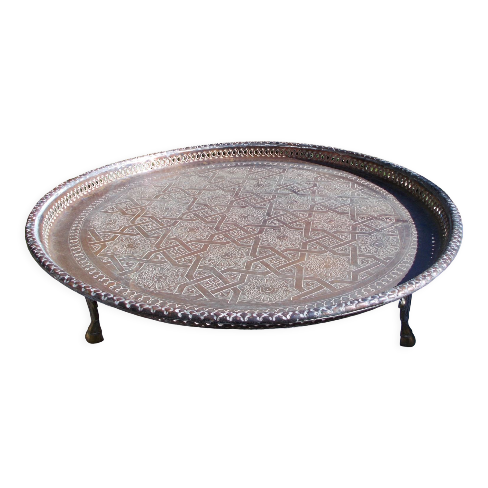 Ancien plateau cuivre sur pieds laiton Maroc Marocaine