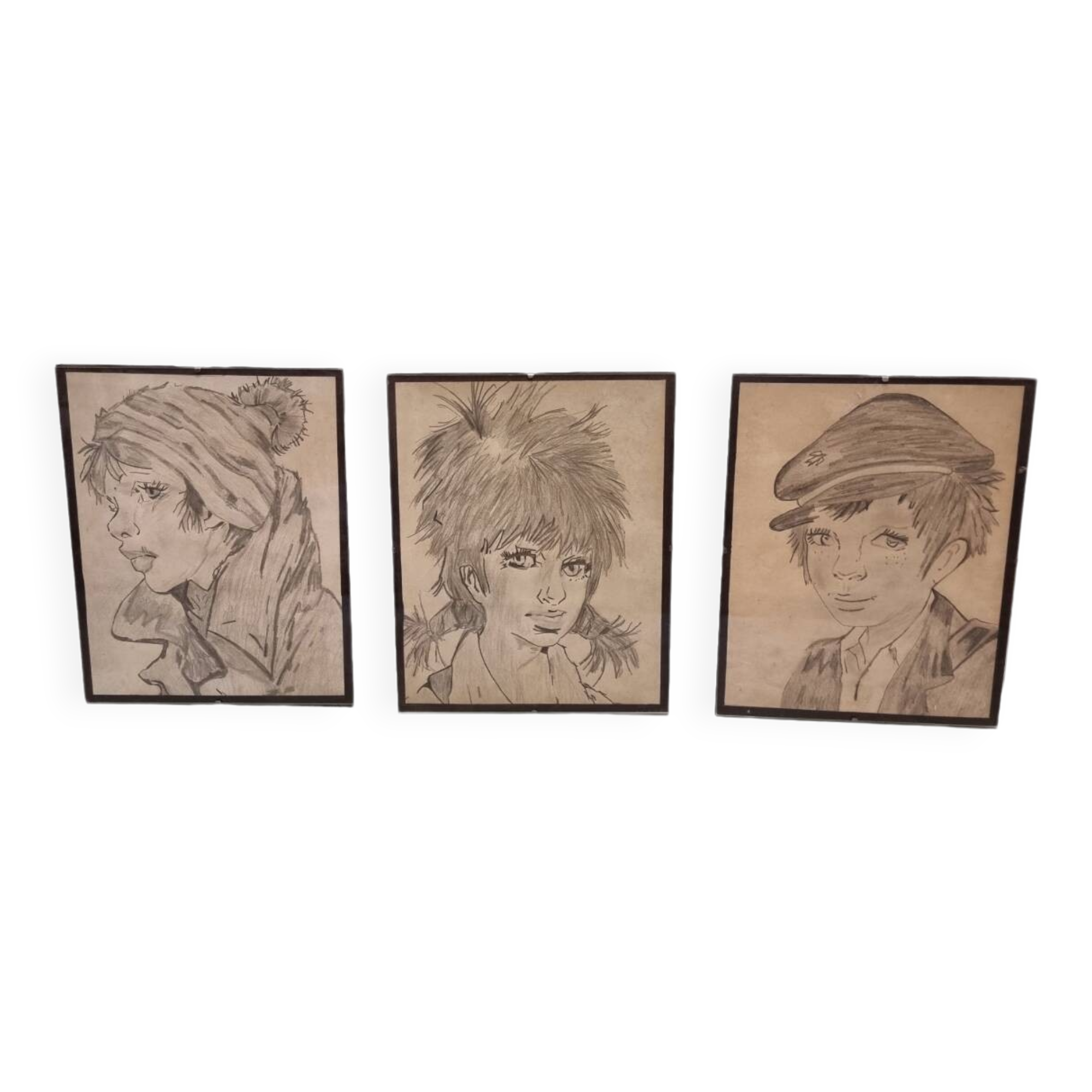 3 French Drawings Of Children, Mid 20th Century