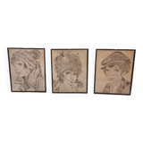 3 French Drawings Of Children, Mid 20th Century