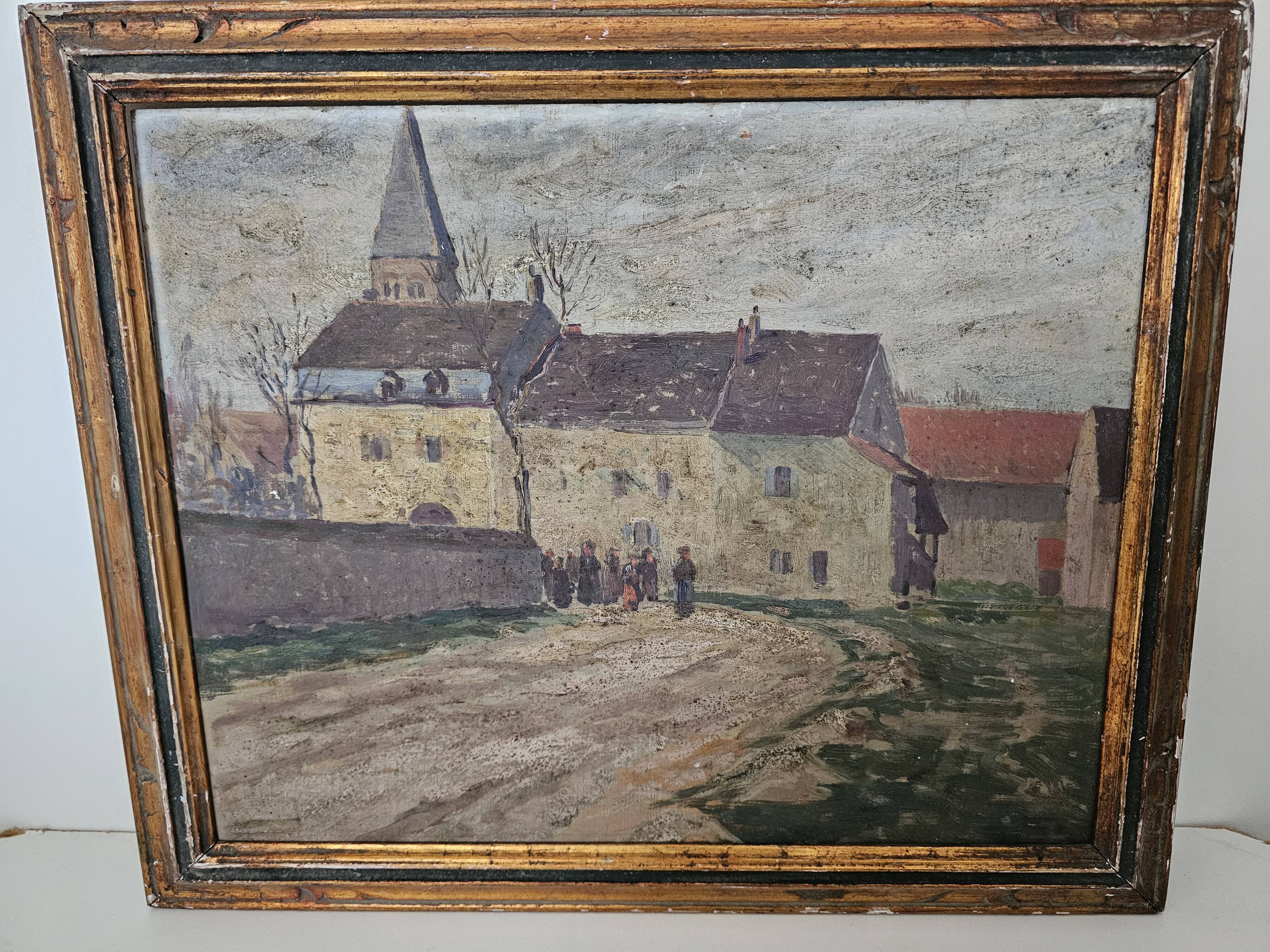 Oil on Panel Painting Animated Landscape Village Signed Gaëtan MONTAGNEY 1888