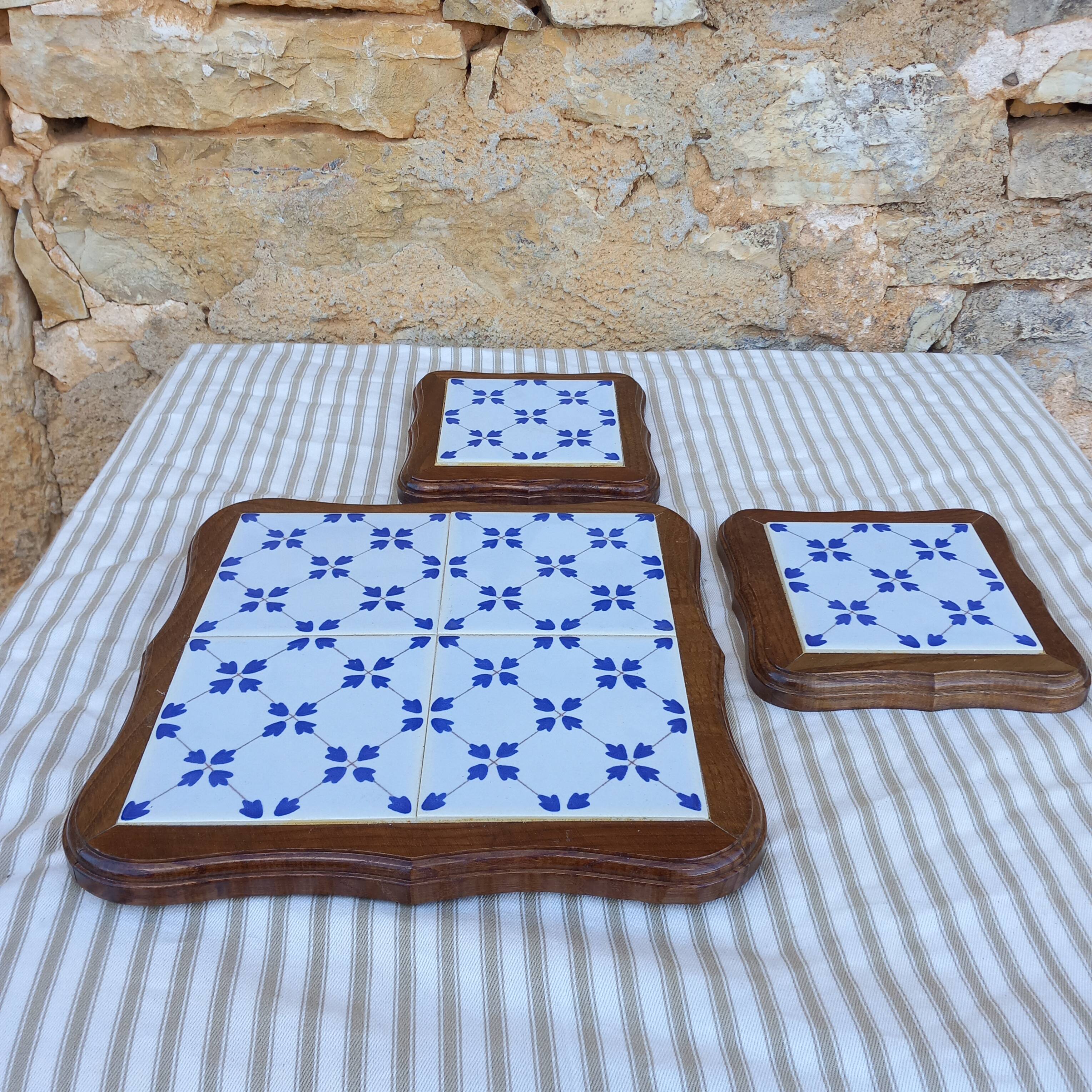 Vintage wood and blue ceramic tile coaster and bottle coaster set