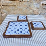 Vintage wood and blue ceramic tile coaster and bottle coaster set