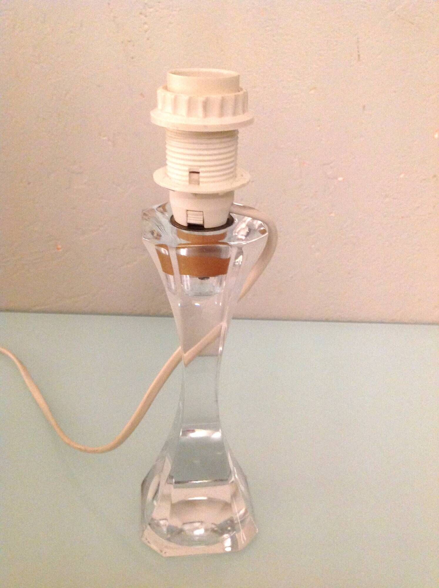 Bedside lamp with glass base and beige fabric lampshade / vintage 60s-70s
