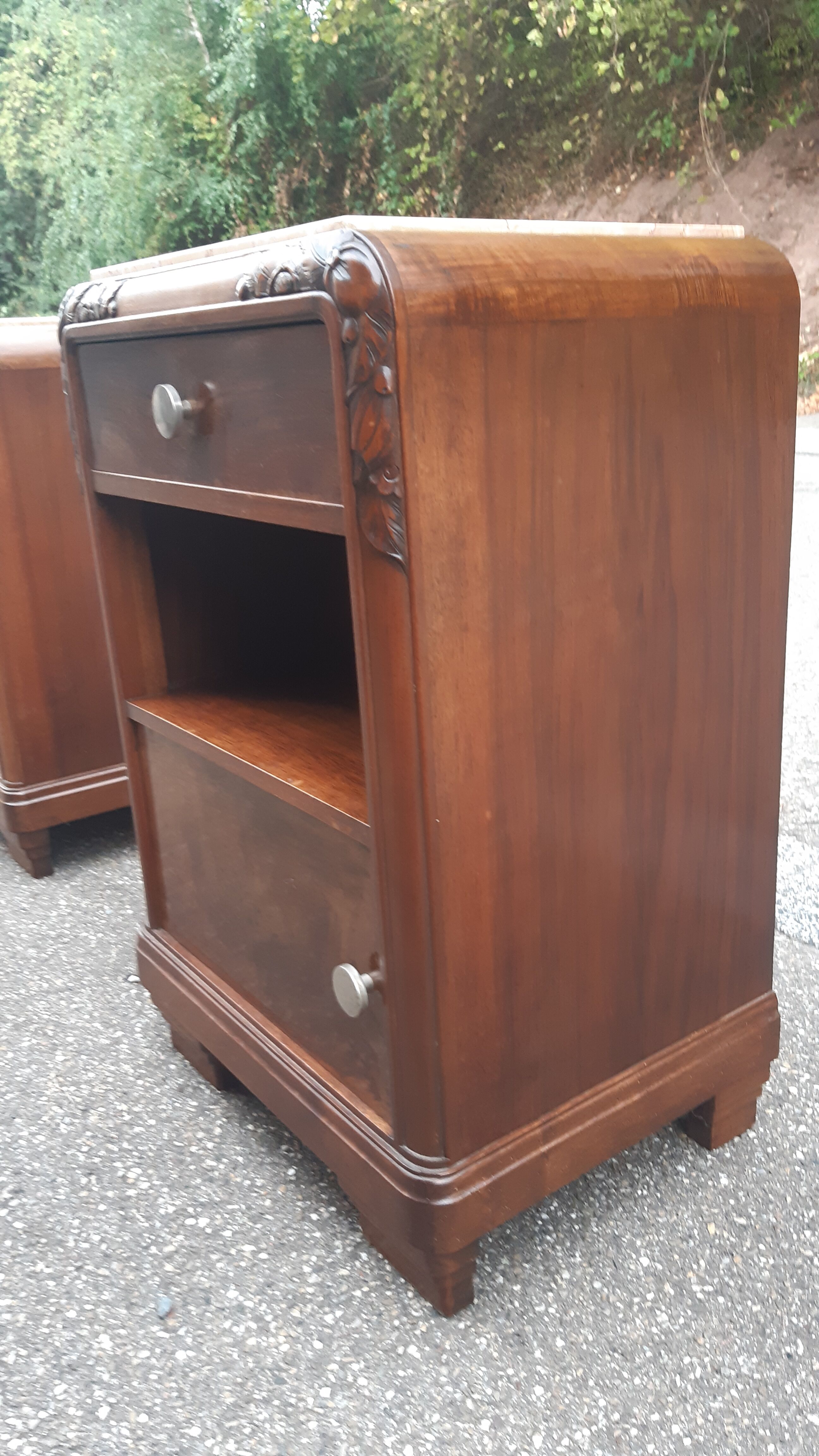 Art Deco bedside tables carved wood and marble 1930