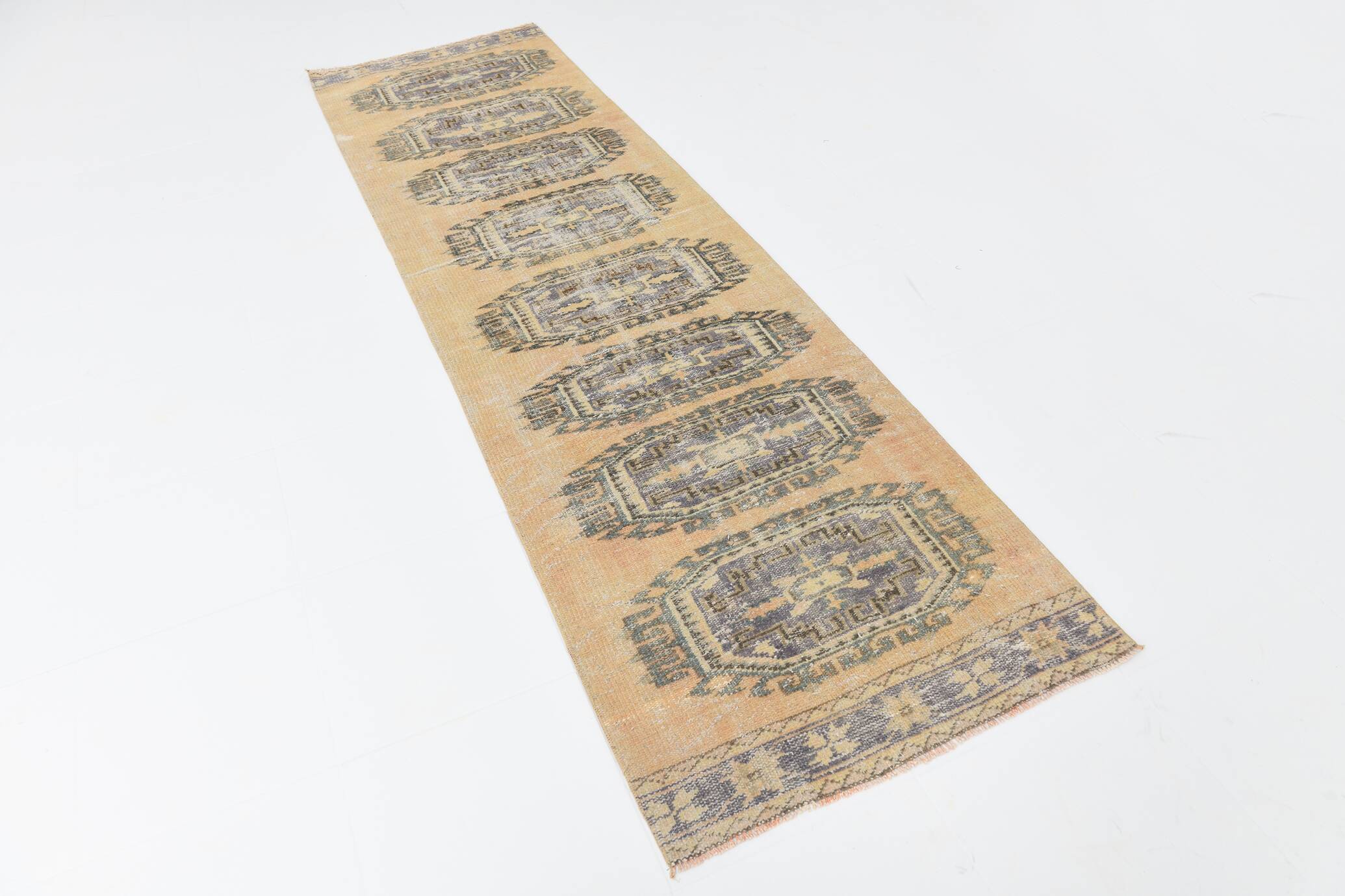 Faded Mustard Geometric Pattern Vintage Persian Runner Rug, 85x306 Cm