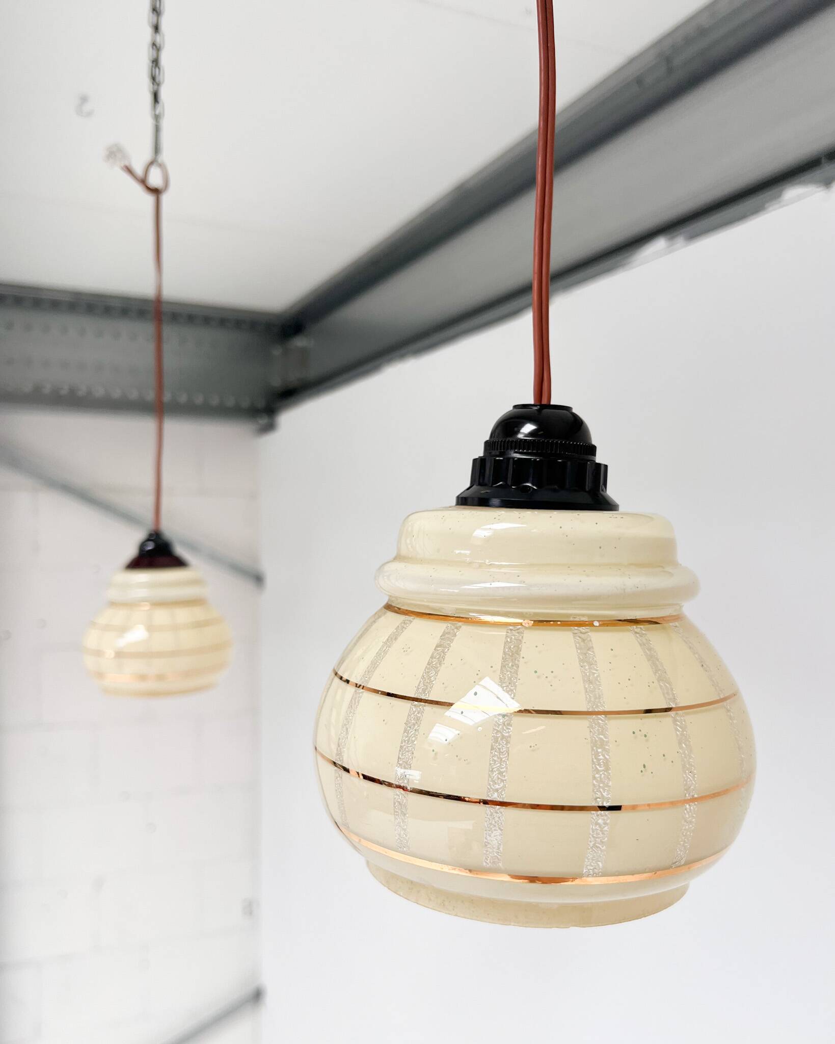Set of 2 vintage ceiling lamps with golden lines, 1960s