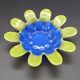 Vintage glass pressed blue & lime green bowl / flower holder