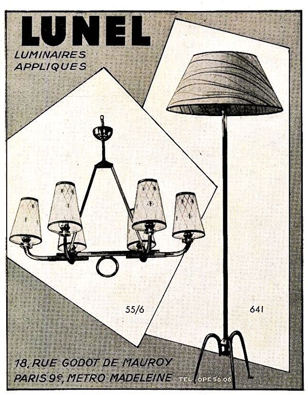 Lustre bronze certifié Maison Lunel six opalines coniques, France mid-century