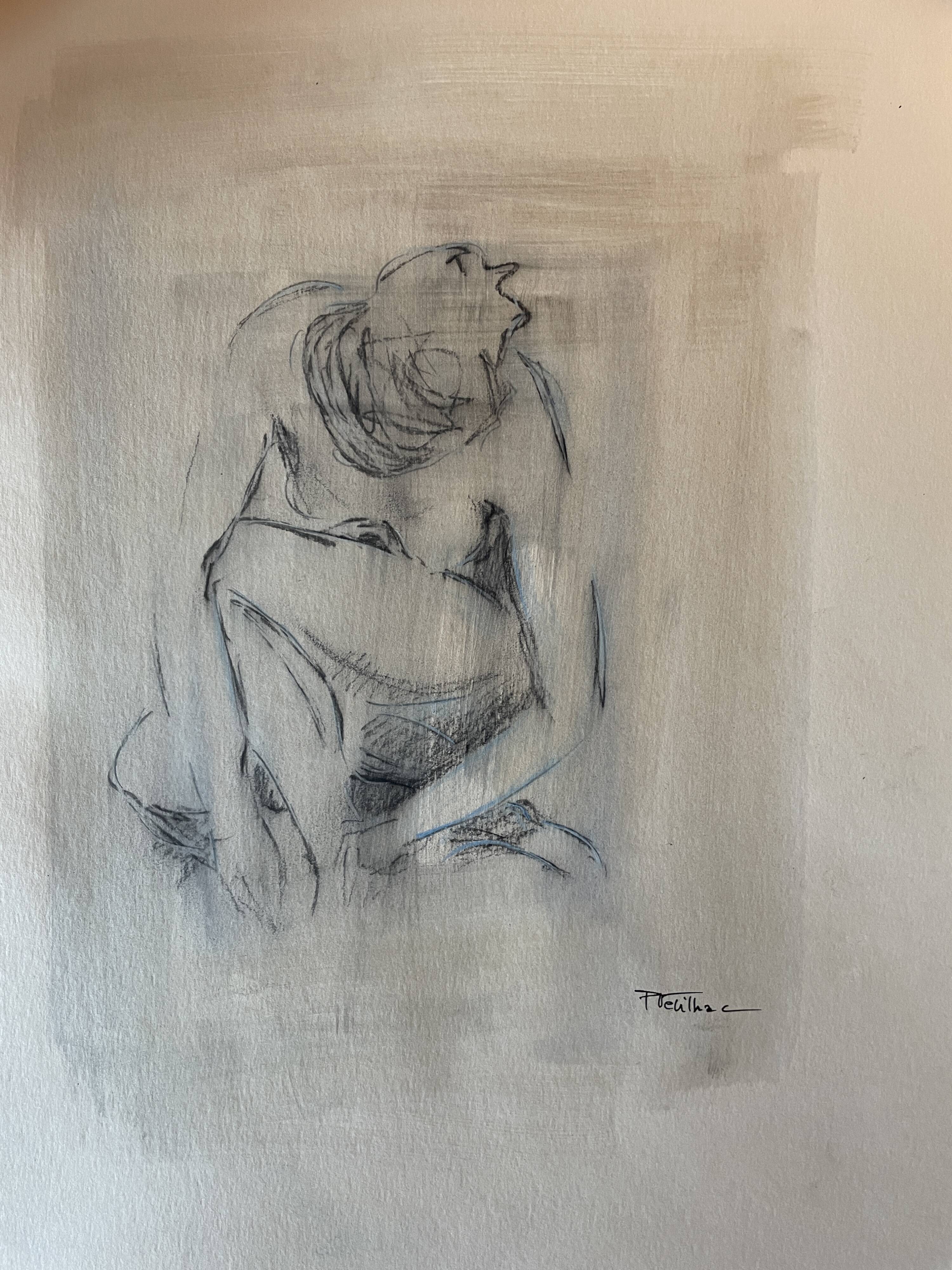 Tableau signé fusain portrait de femme accroupie