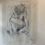 Painting signed charcoal portrait of crouching woman