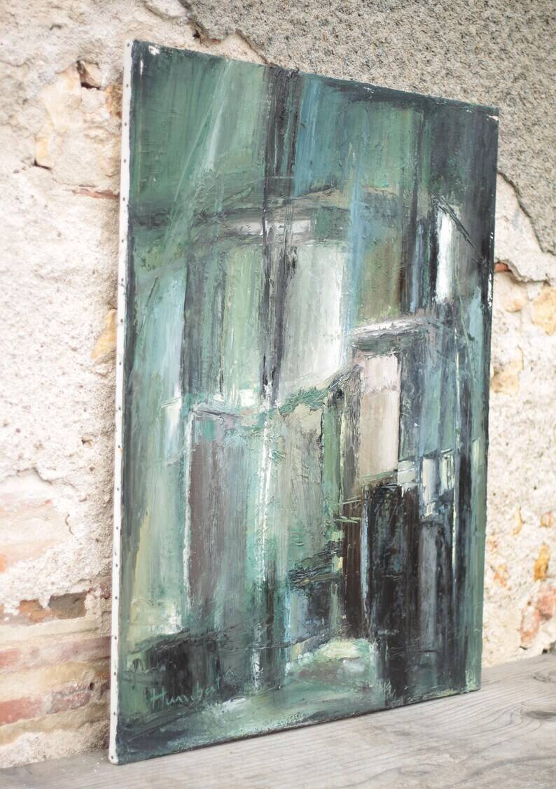 Oil on canvas signed Monique Humbert, abstract composition, wall painting, interior decoration.