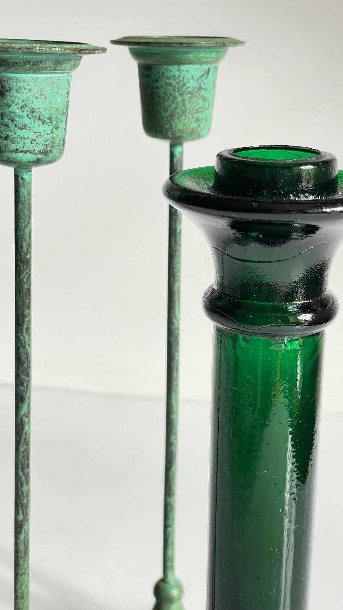 Vintage Glass and Metal Candlesticks Green