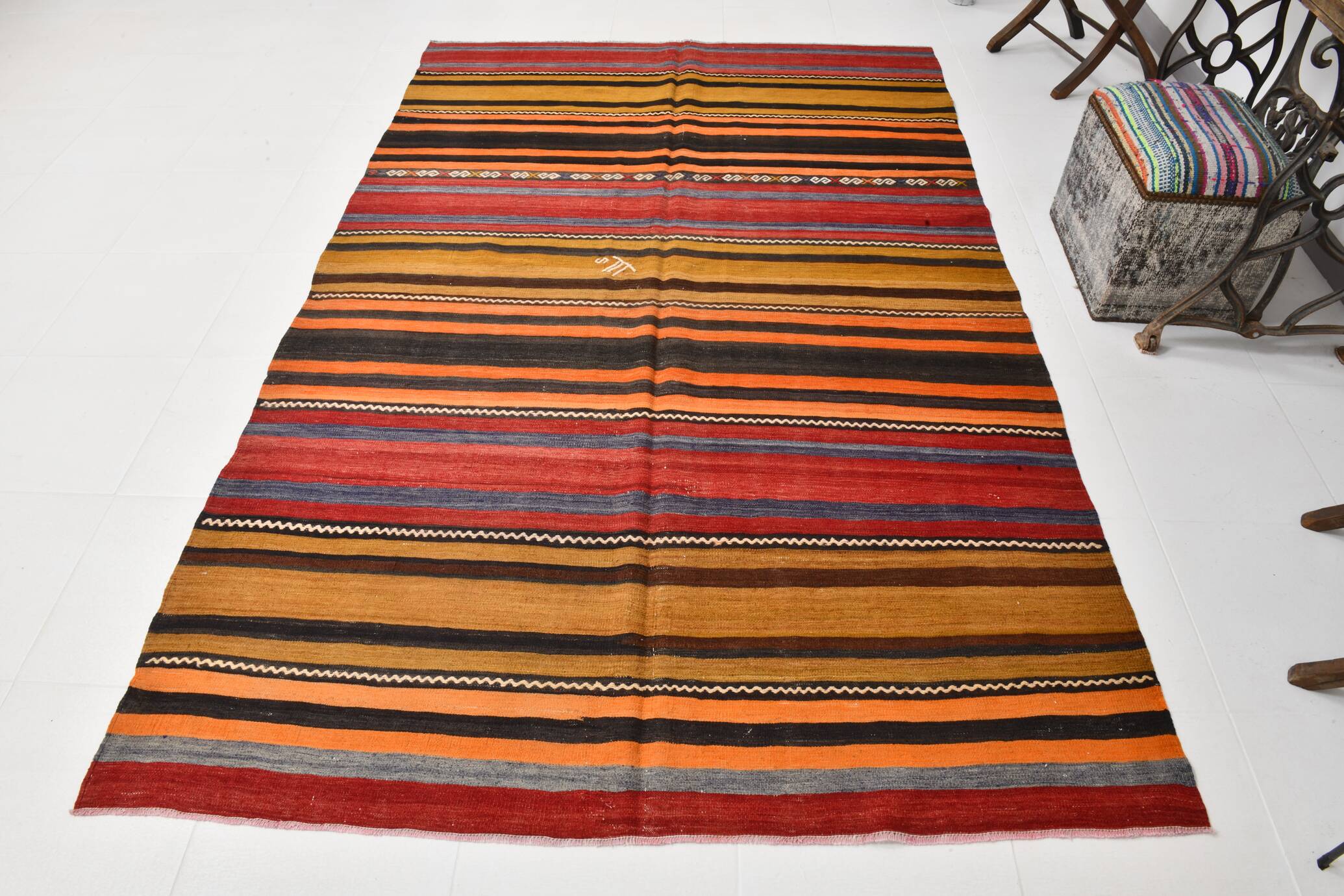 6x9 Green Orange Striped Turkish Vintage Kilim Rug 174x272Cm SK 2311
