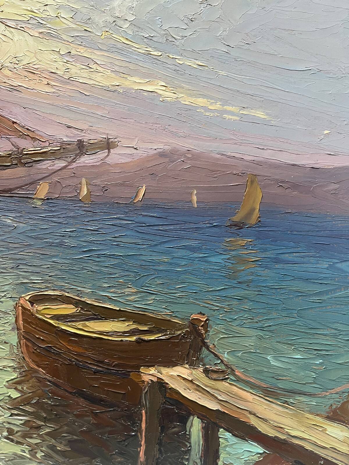 Tableau HSP "Mediterranean Sea" sailing boats in the port signed Dorges