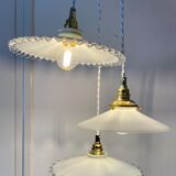 Three-light cascading pendant lamp with vintage white opaline lampshade