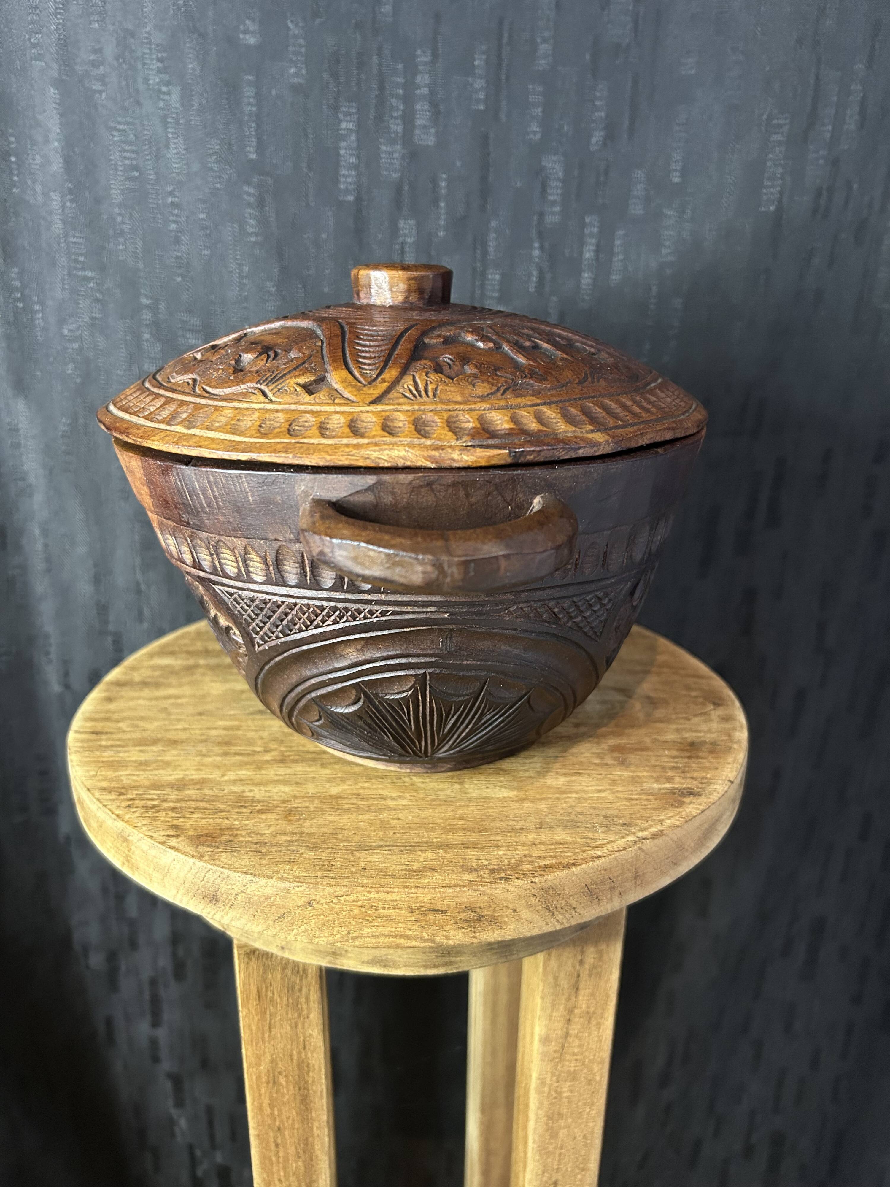 African Art - Madagascar - Vintage - Covered Pot - Carved Rosewood - 1950
