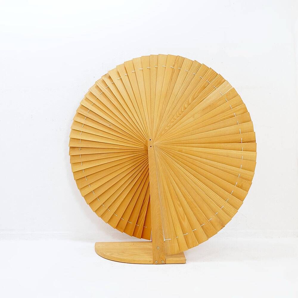 Pine folding screen in the shape of a fan, modern style, France, 1970s - Ø 113cm