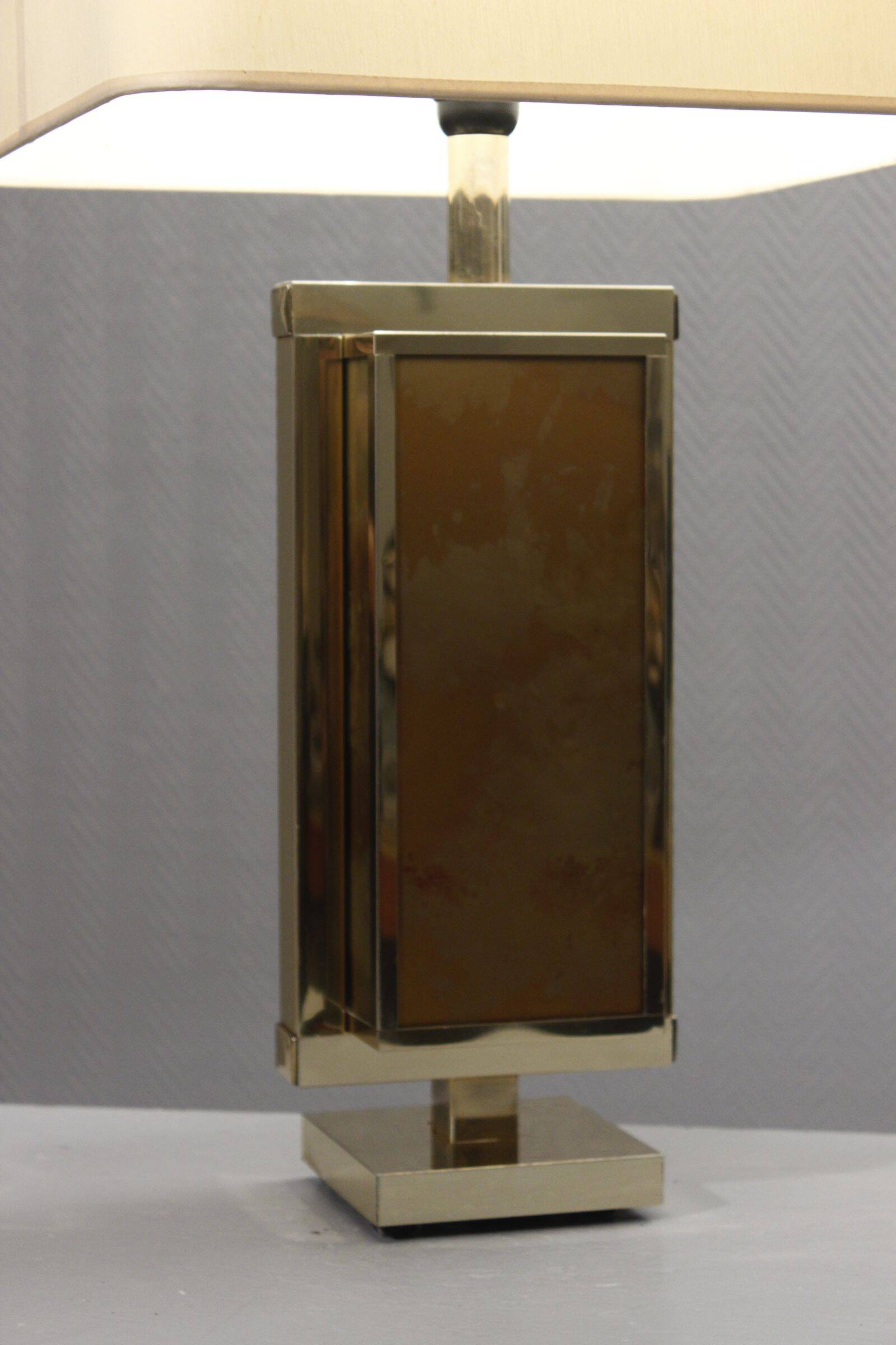 Philippe Cheverny large brass lamp with eglomisé glass, France 1970s