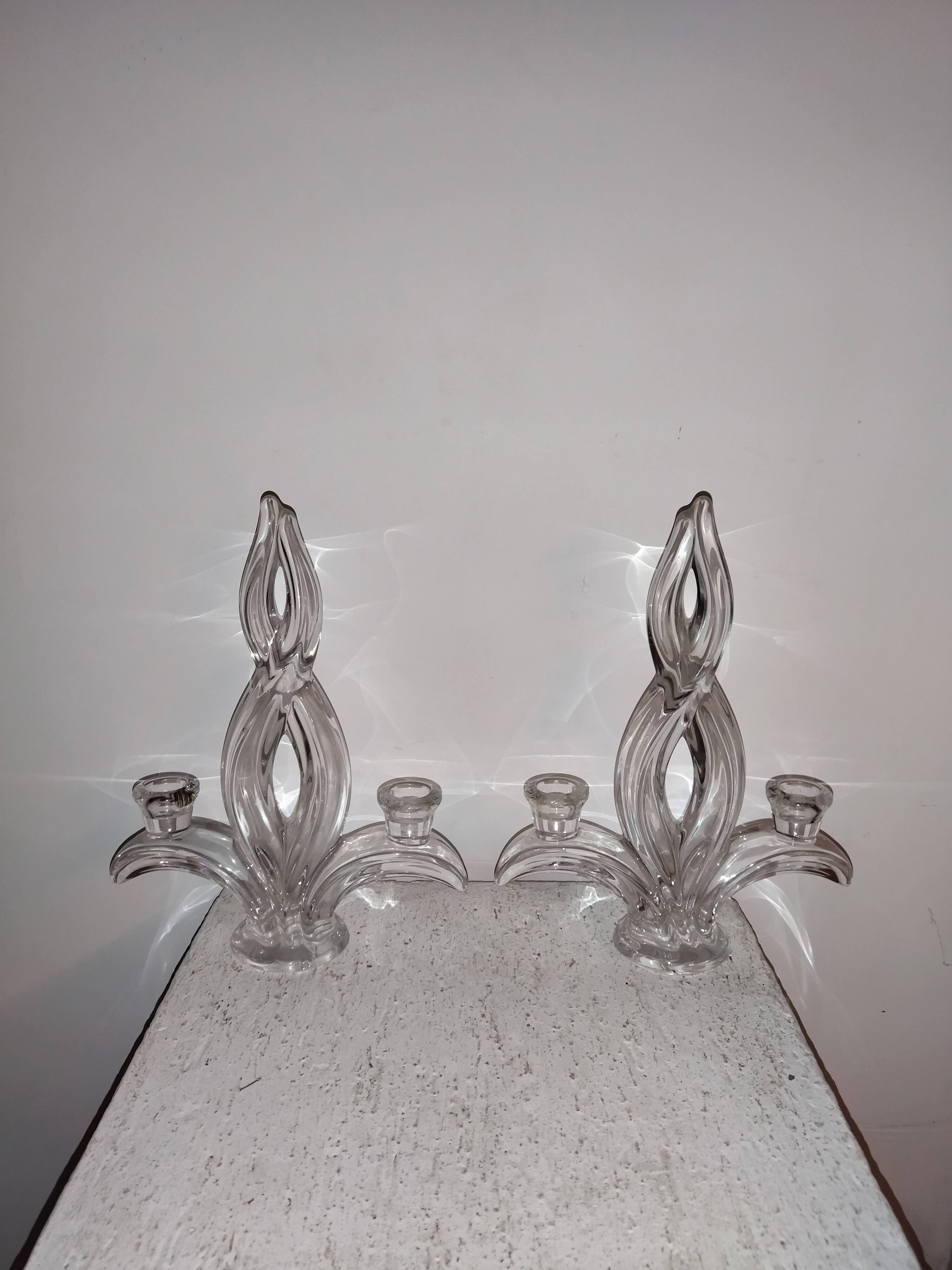 Pair of glass candle holders signed Vannes France