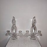 Pair of glass candle holders signed Vannes France