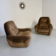 Lot of 2 cosy fabric armchairs, French design, vintage 1970s.