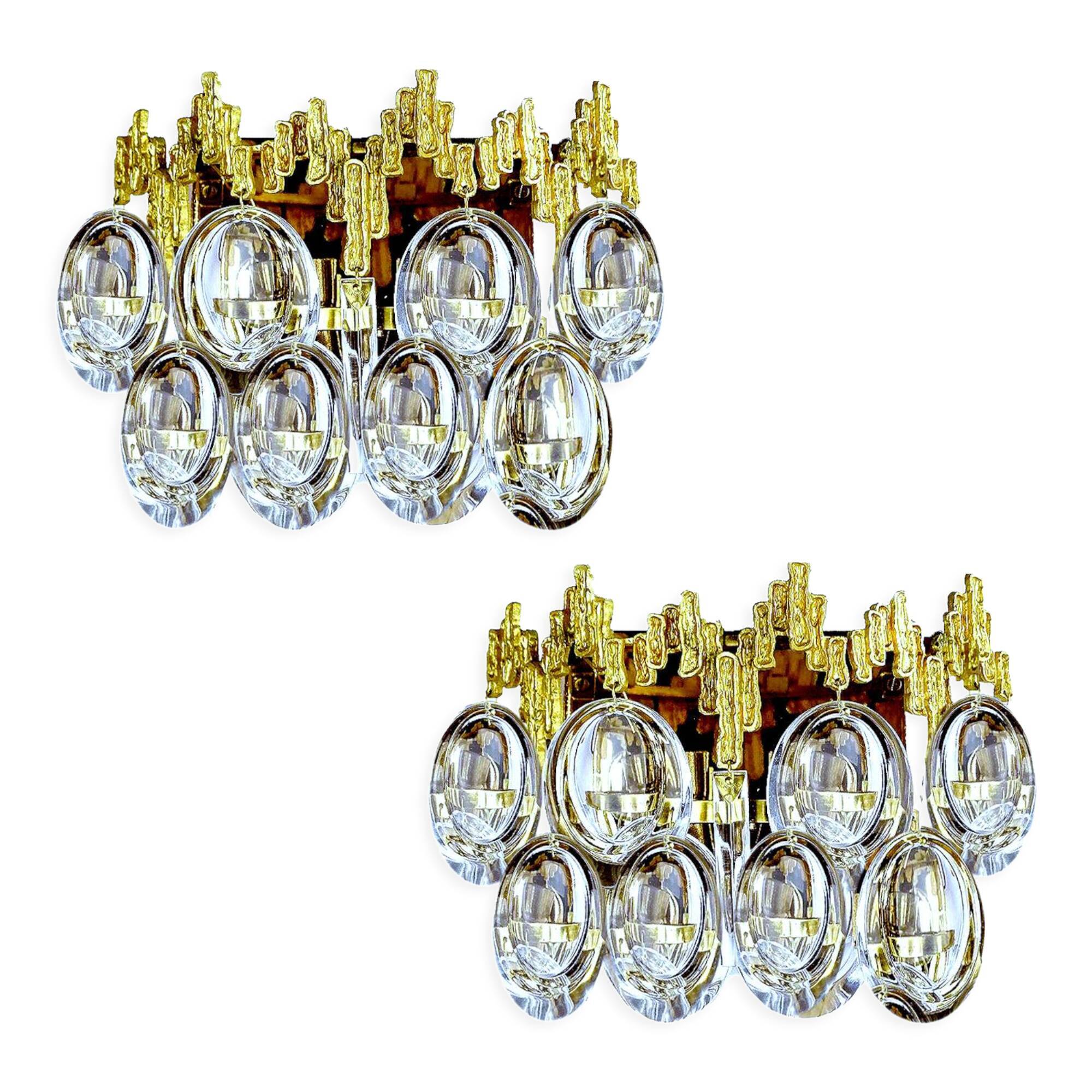 Pair of vintage wall lamps, gold fine gold, crystal, 60s