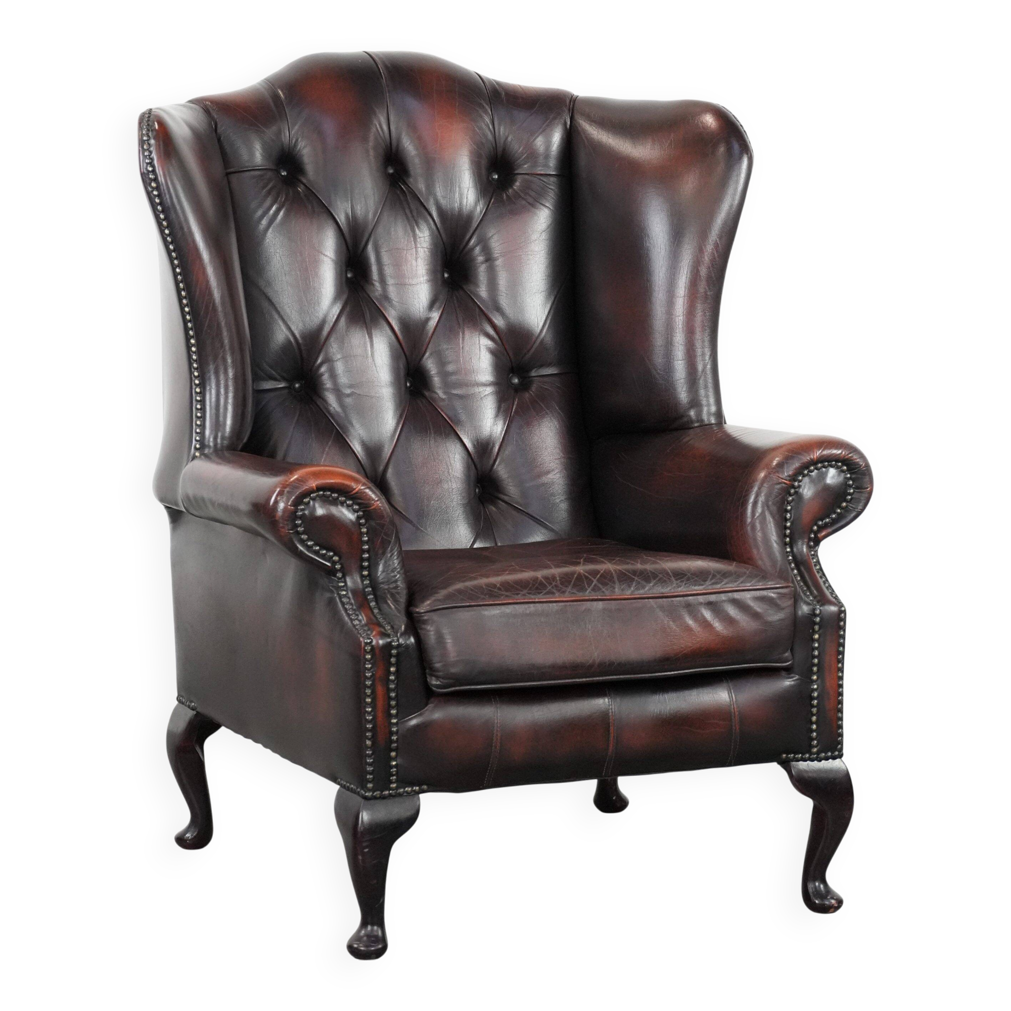 Cowhide leather Chesterfield wingback armchair in classic English style