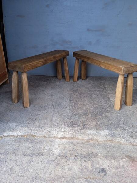 Pair of 2 patinated solid wood benches / stools