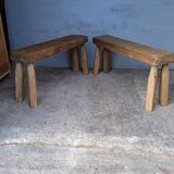 Pair of 2 patinated solid wood benches / stools