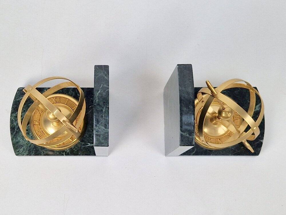 Nautical Brass & Marble Sundial Bookends, Set of 2
