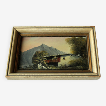 Peinture à l'huile sur toile des années 1940, ferme dans les alpes, non signée, avec cadre en bois
