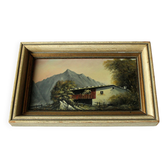 Peinture à l'huile sur toile des années 1940, ferme dans les alpes, non signée, avec cadre en bois
