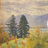 Old painting, landscape of a Swiss lake, signed A Bezencon, dated 1921