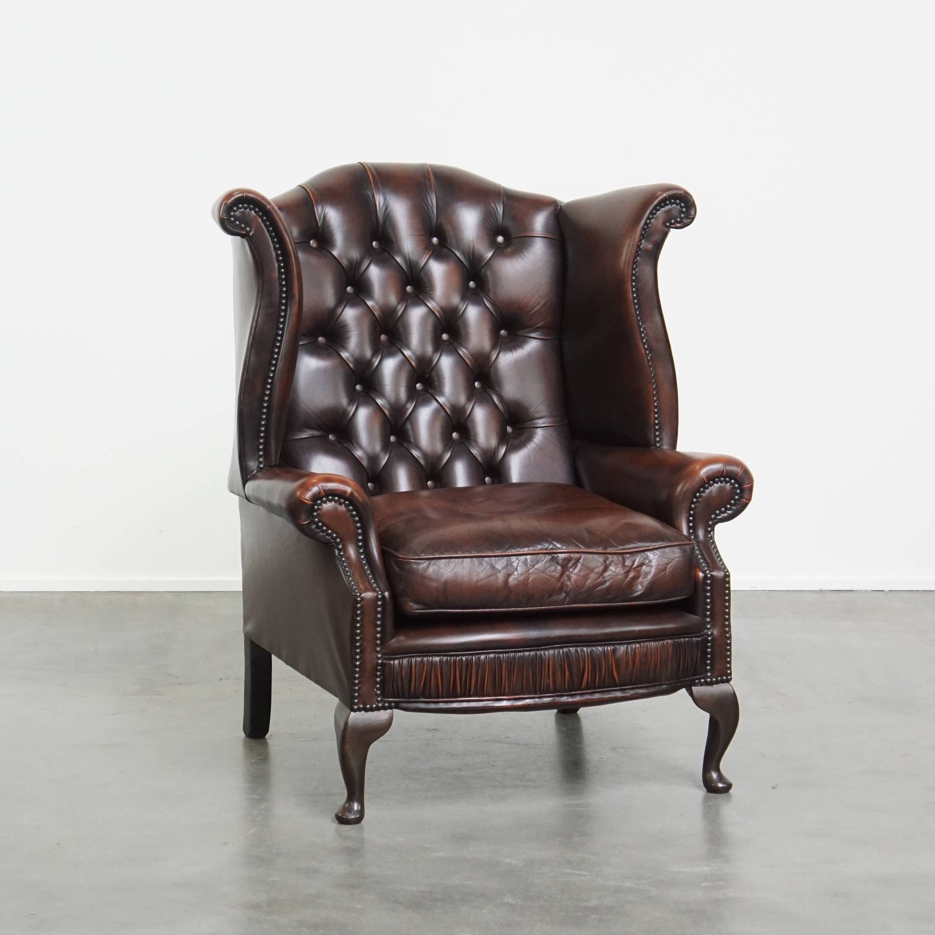 Brown Cowhide Leather Chesterfield Wingback Chair