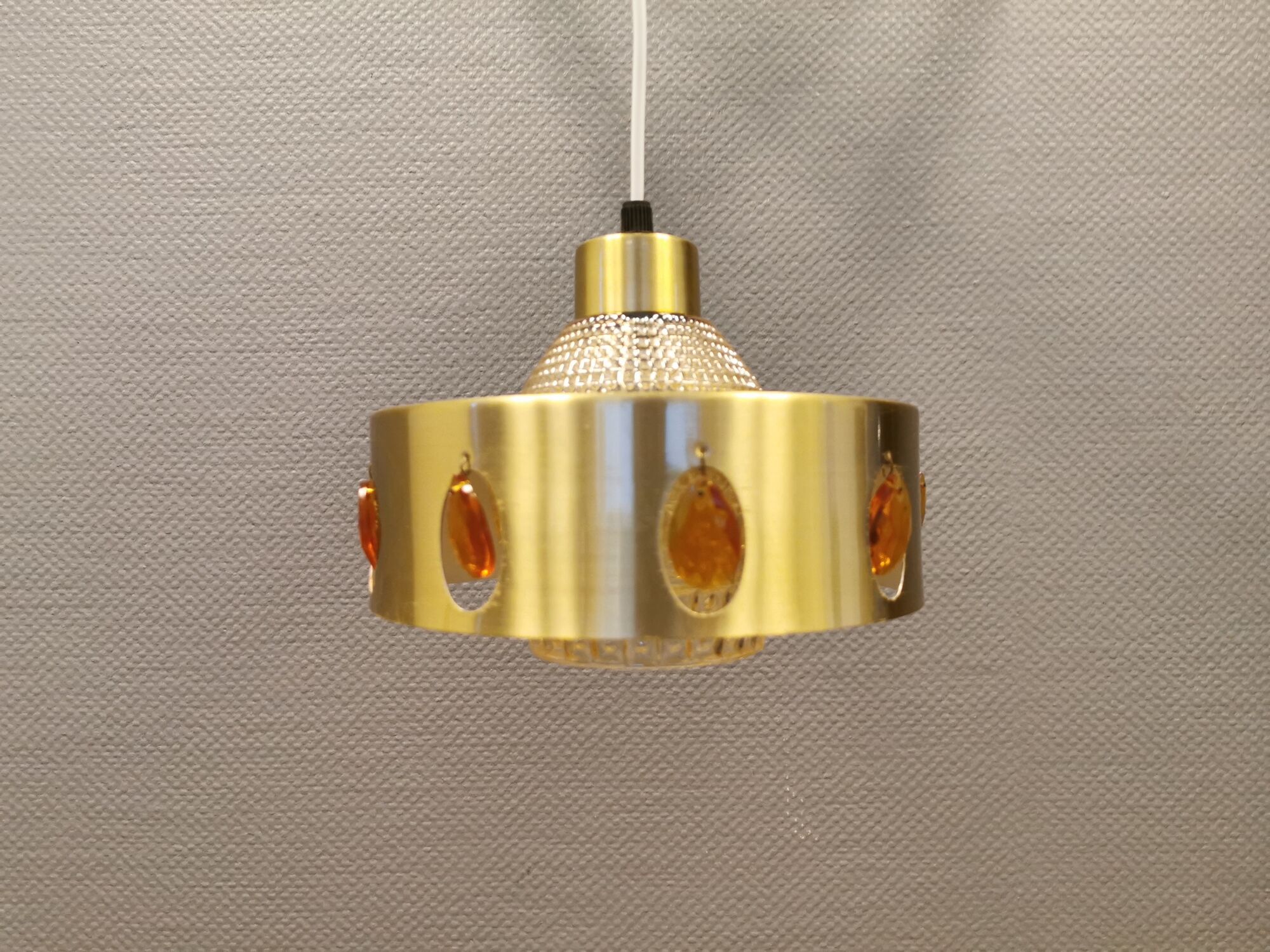 Danish hanging lamp made of glass, metal and with colored prisms