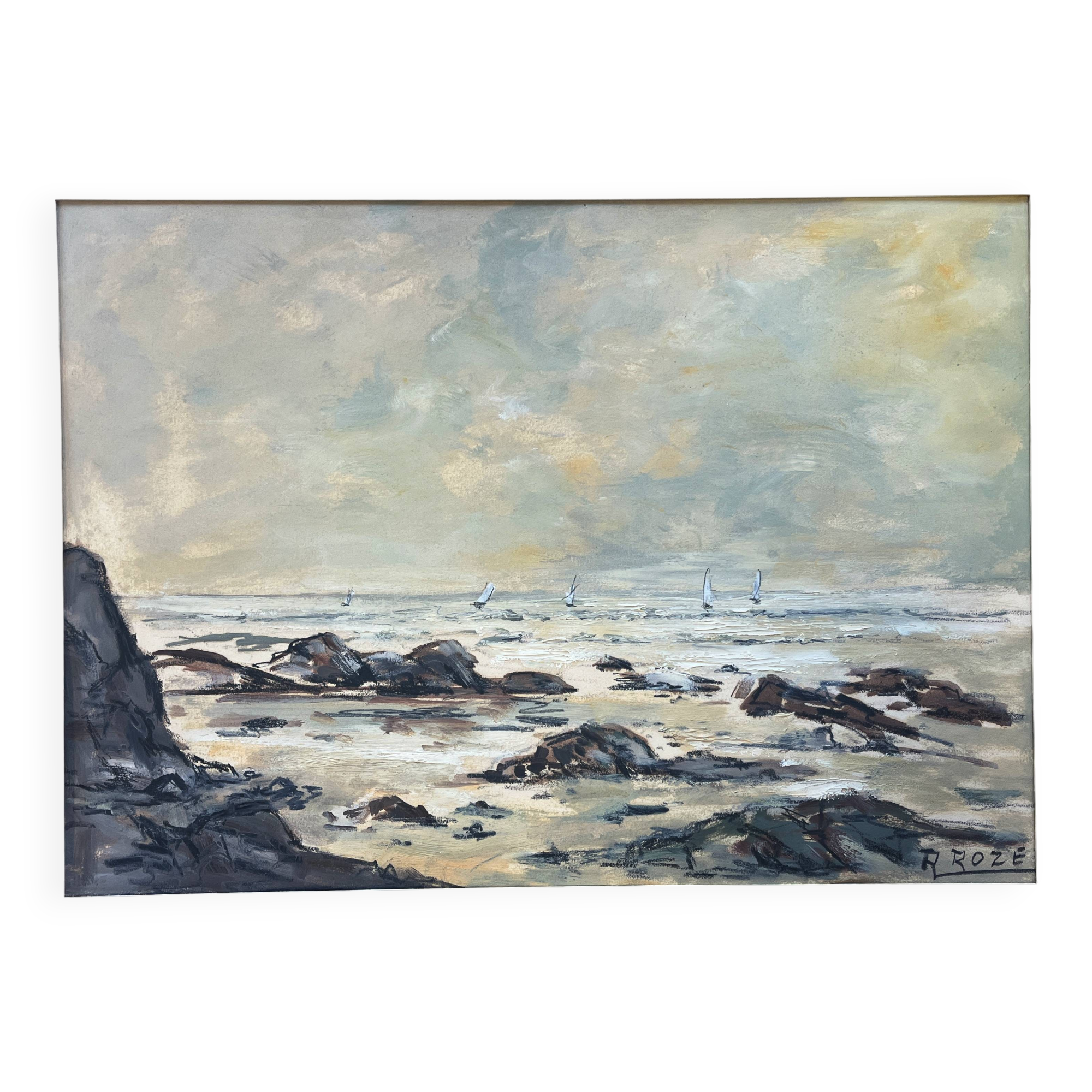 HSP painting "Varangeville Beach" by Roger ROZET (1915-2001) Normandy