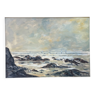 HSP painting "Varangeville Beach" by Roger ROZET (1915-2001) Normandy