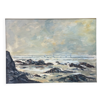 Painting, oil on canvas "Varangeville Beach" by Roger Rozet (1915-2001) Normandy