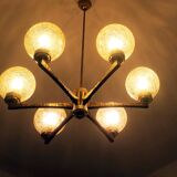 Angelo Brotto for Esperia gold-plated brass chandelier with 6 crackle-glass globes, Italy 1960s