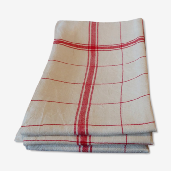 Set of three old linen towels in fine checkered linen