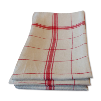 Set of three old linen towels in fine checkered linen