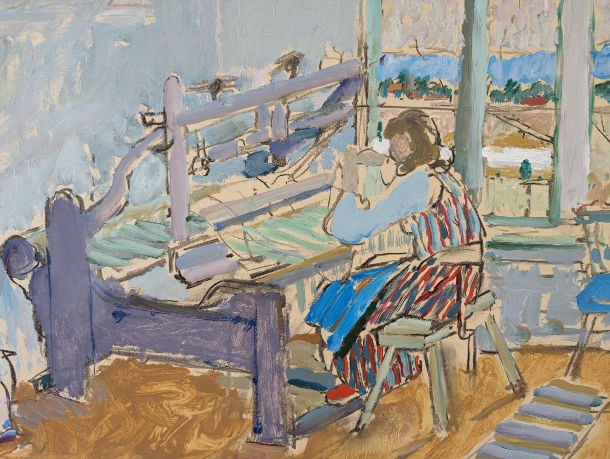 Mid-Century Modern "The Loom" Vintage Swedish Oil Painting, Figure in an Interior