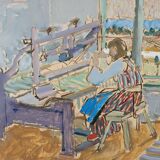 Peinture à l’huile suédoise vintage « The Loom » du milieu du siècle, figure dans un intérieur