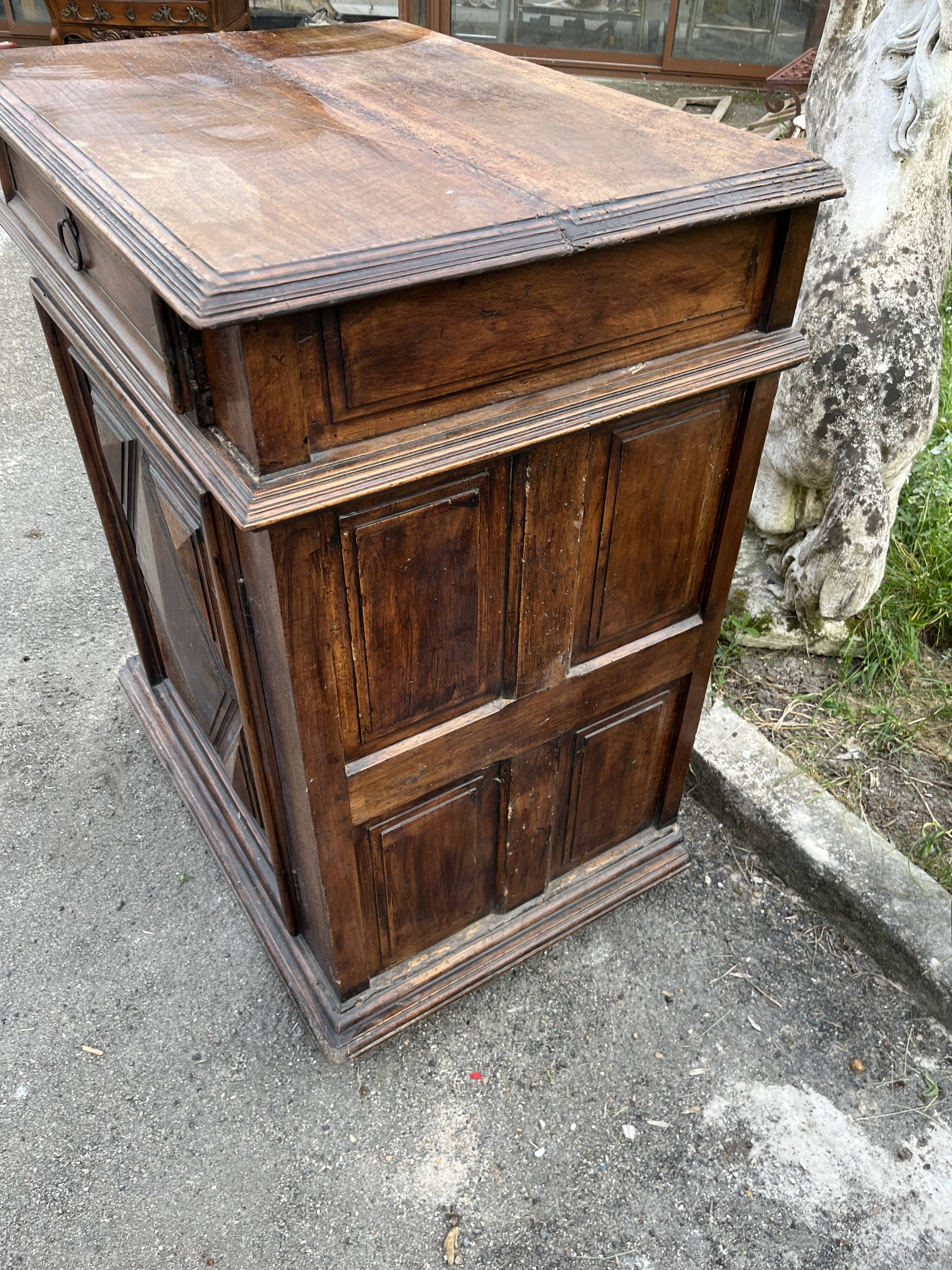 Antique walnut confiturier in Louis XIII style with diamond point panel.