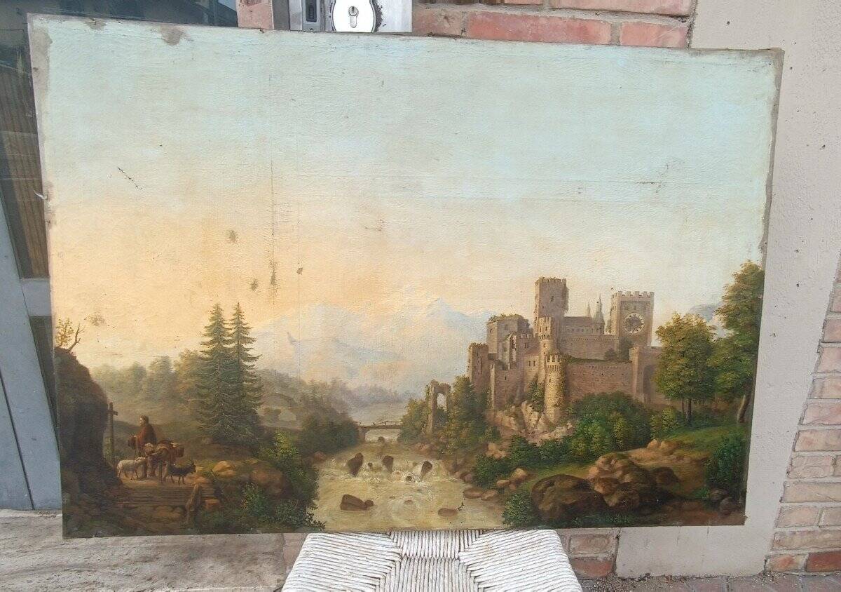 Large Antique Castle Landscape Painting, Oil On Canvas Signed Kraft 1850