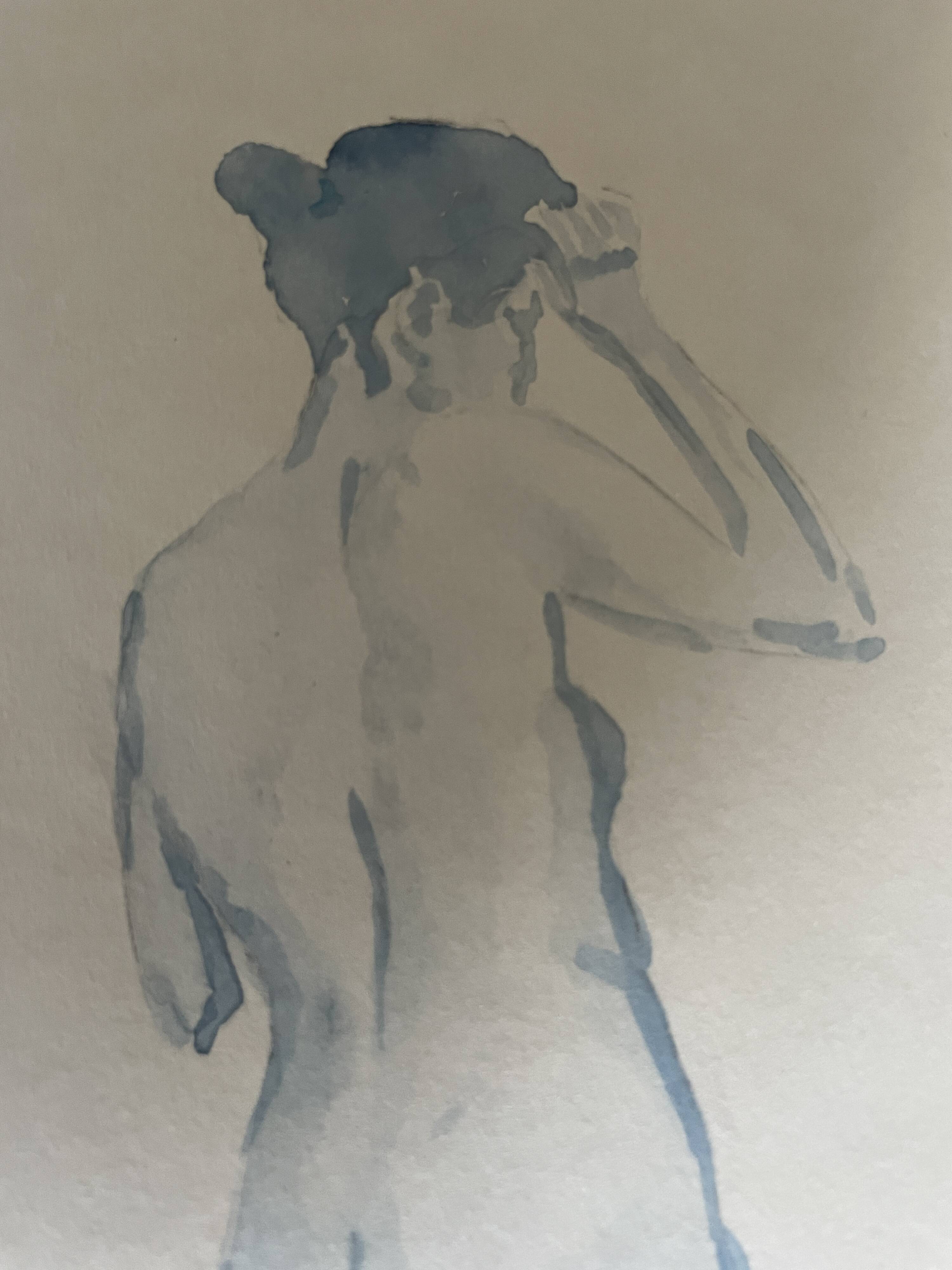 Blue watercolor painting signed female nude