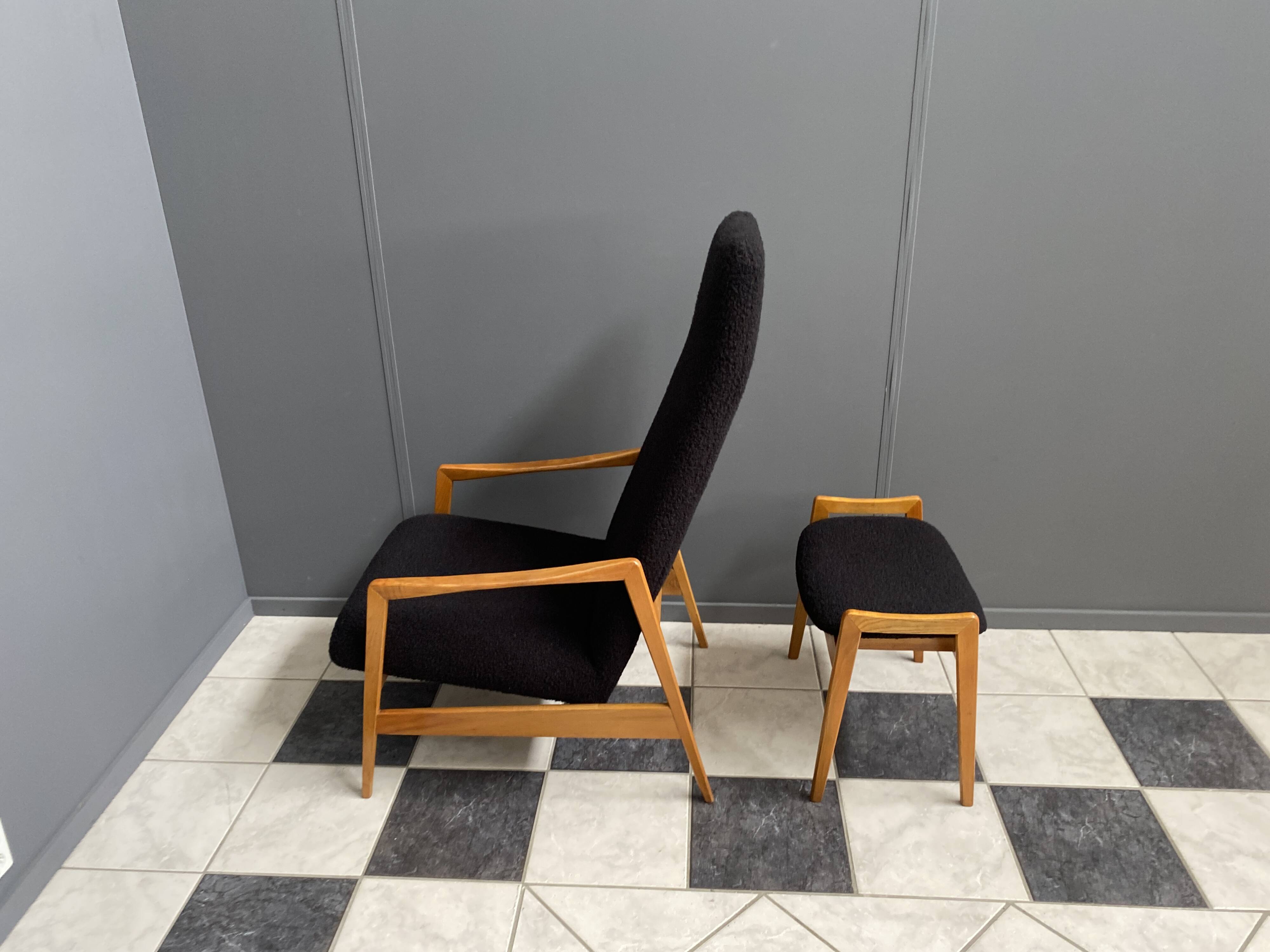 Highback chair with ottoman in black boucle