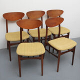 Set of 5 chairs in teak, yellow fabric