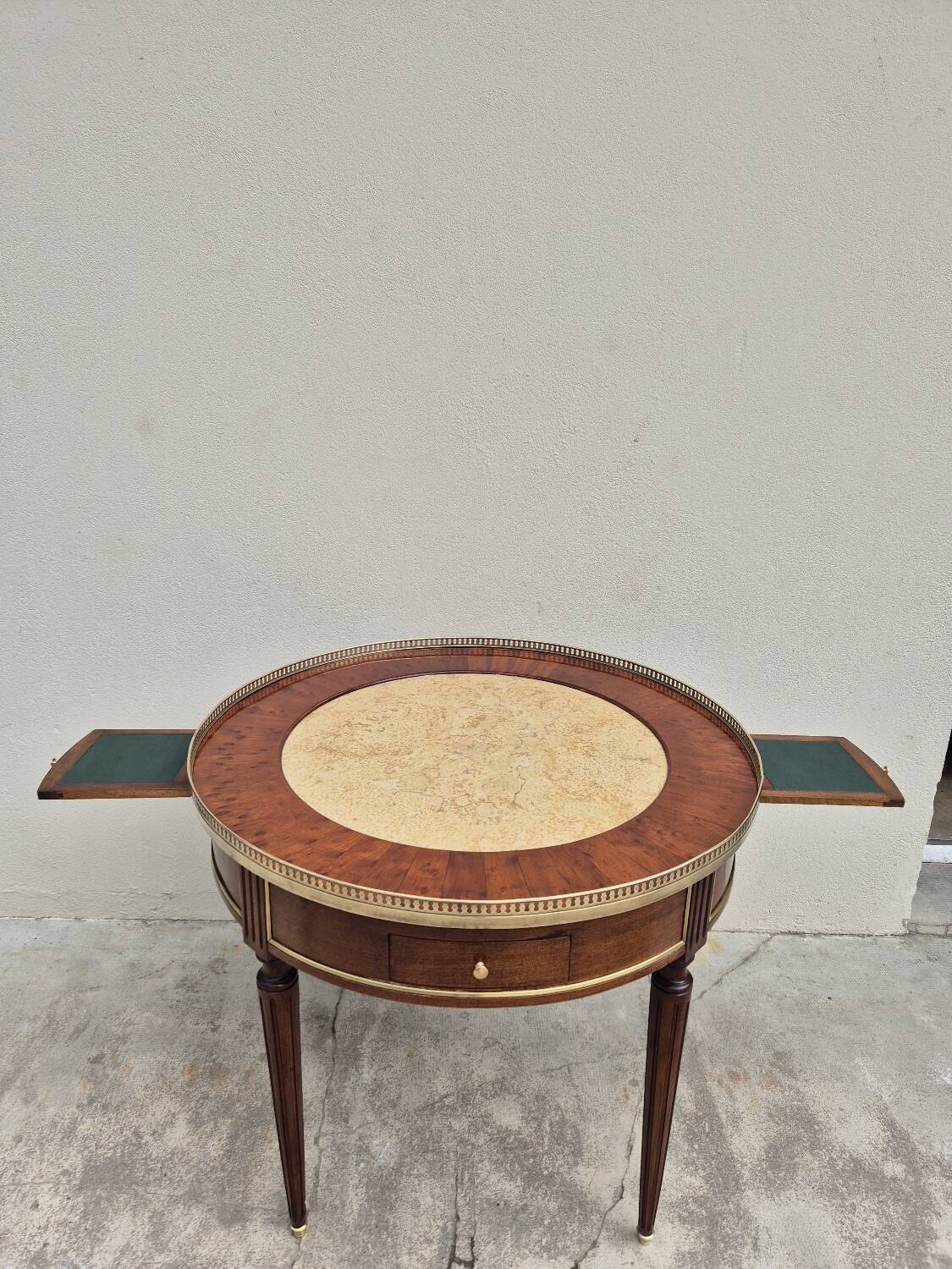 Louis XVI style mahogany bouillotte table in marquetry and bronze