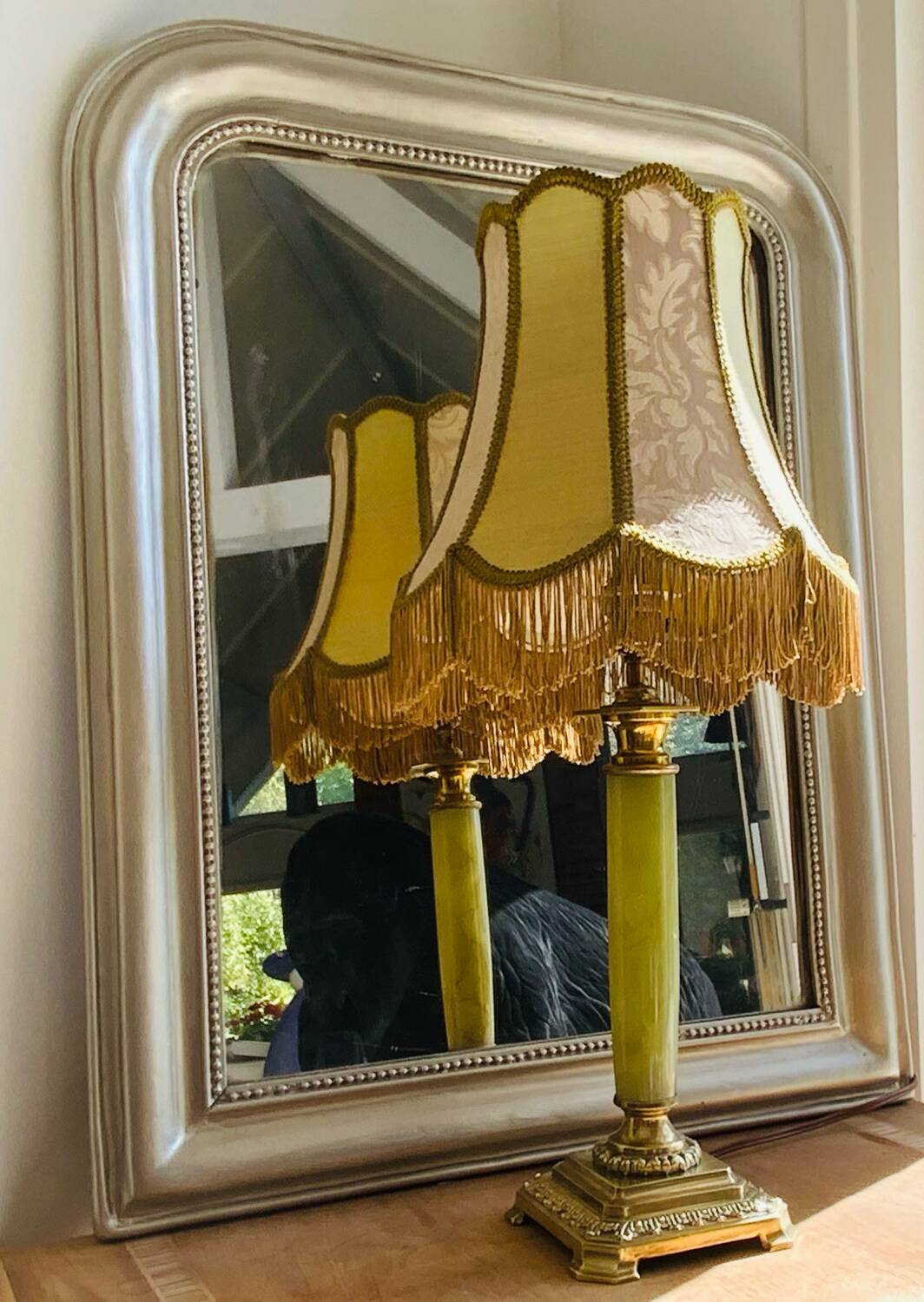 Large vintage lamp in green onyx and gilded brass - vintage lampshade